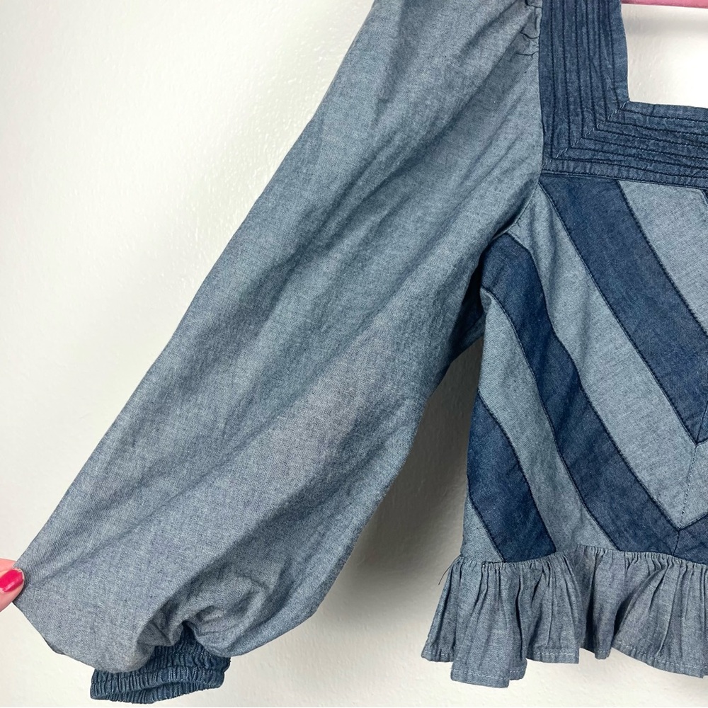 Anthropologie Love The Label Denim Patchwork Puff-Sleeve Smocked Top Small - Picture 4 of 6